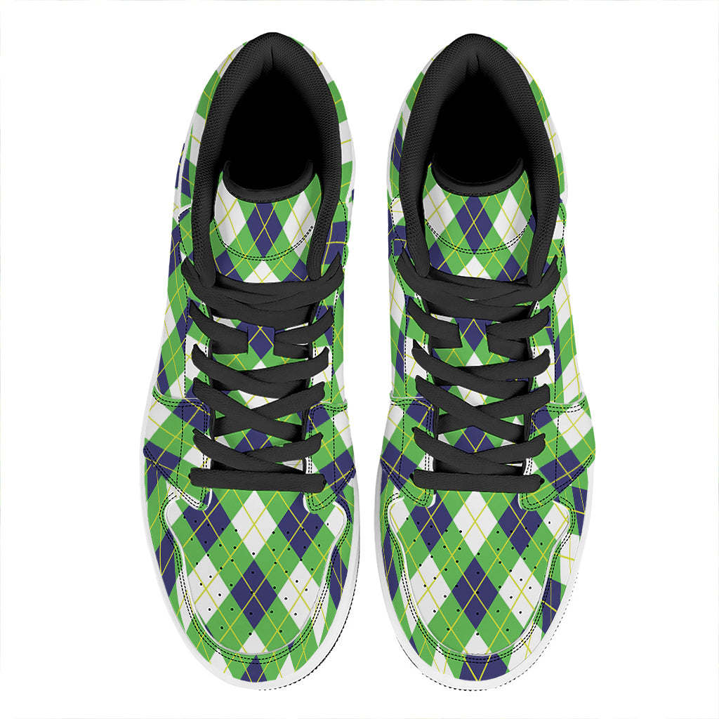 Green Navy And White Argyle Print High Top Leather Sneakers