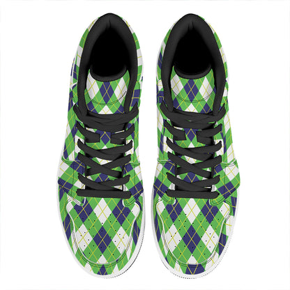 Green Navy And White Argyle Print High Top Leather Sneakers