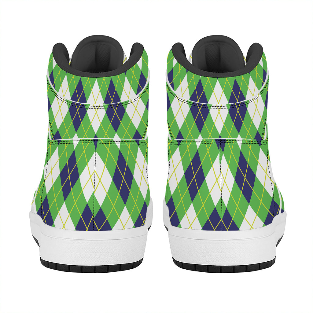 Green Navy And White Argyle Print High Top Leather Sneakers