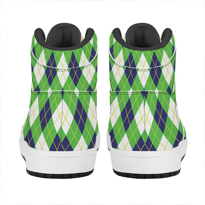Green Navy And White Argyle Print High Top Leather Sneakers