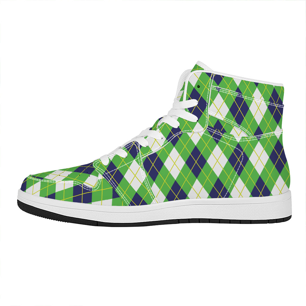 Green Navy And White Argyle Print High Top Leather Sneakers
