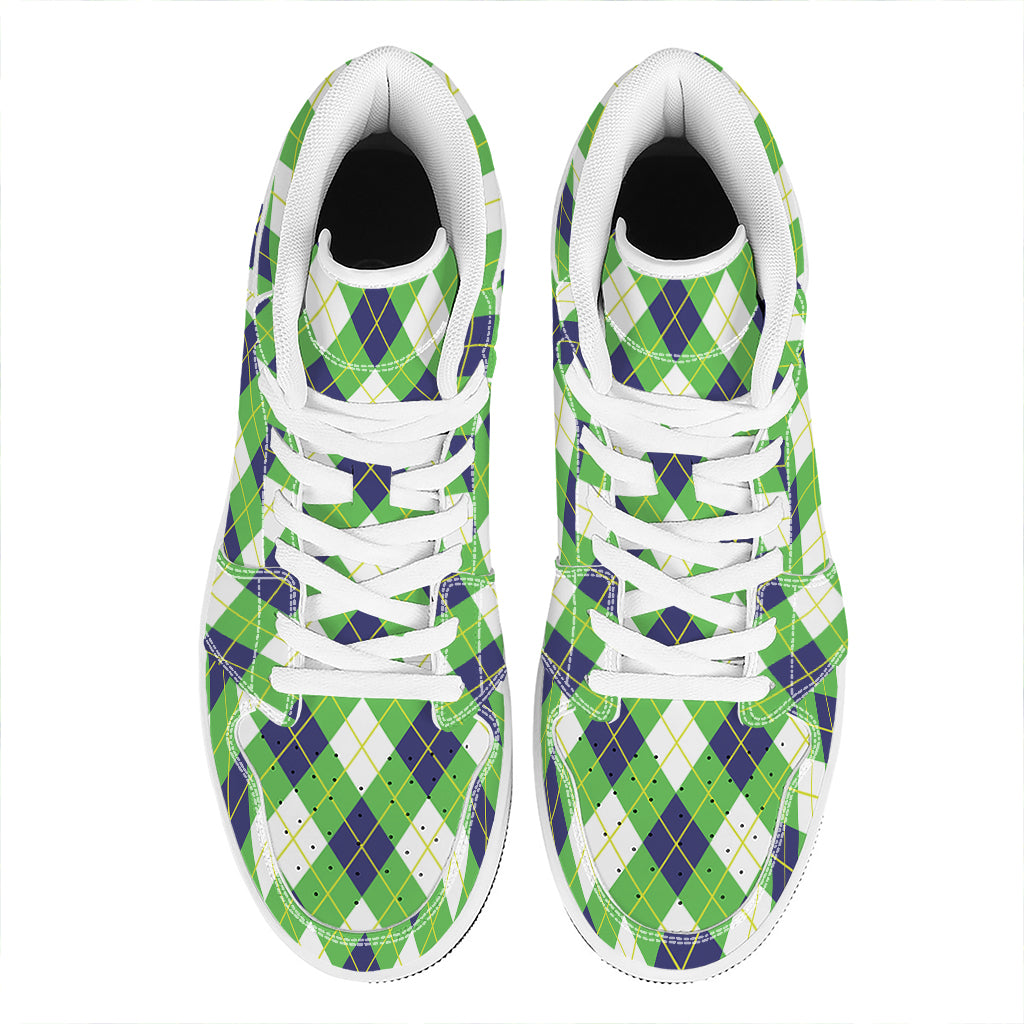 Green Navy And White Argyle Print High Top Leather Sneakers
