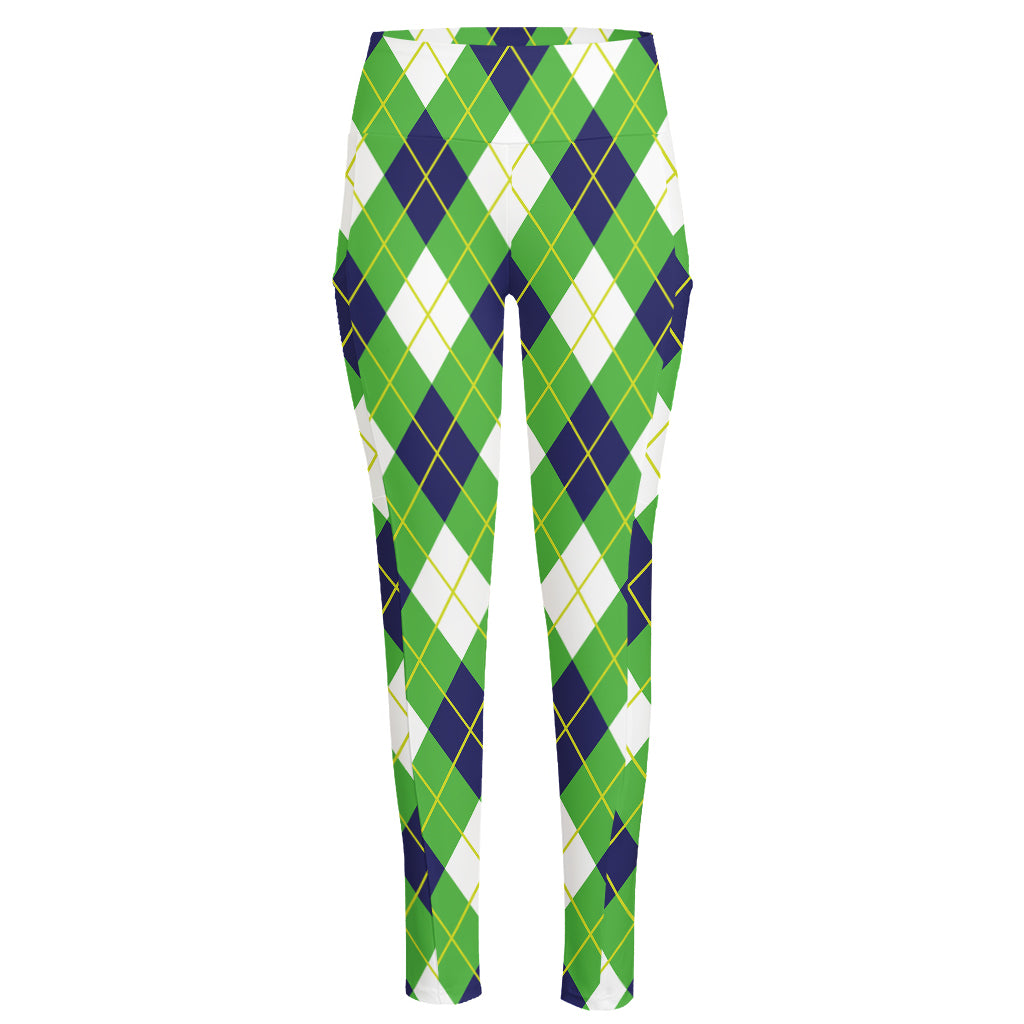 Green Navy And White Argyle Print High-Waisted Pocket Leggings