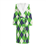 Green Navy And White Argyle Print Hooded Bathrobe