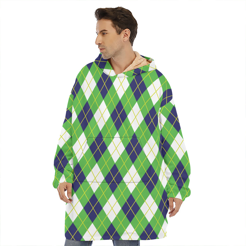 Green Navy And White Argyle Print Hoodie Blanket