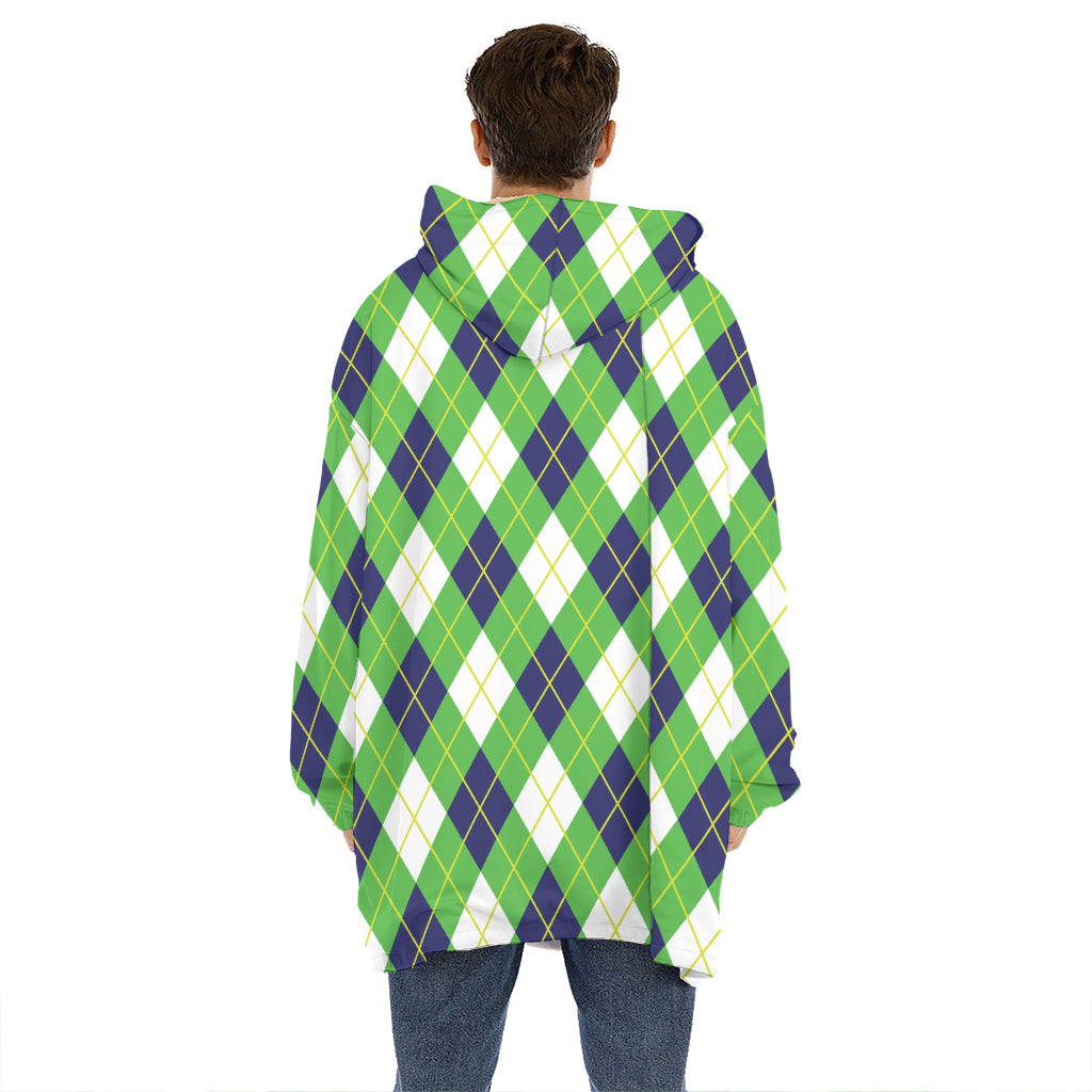 Green Navy And White Argyle Print Hoodie Blanket