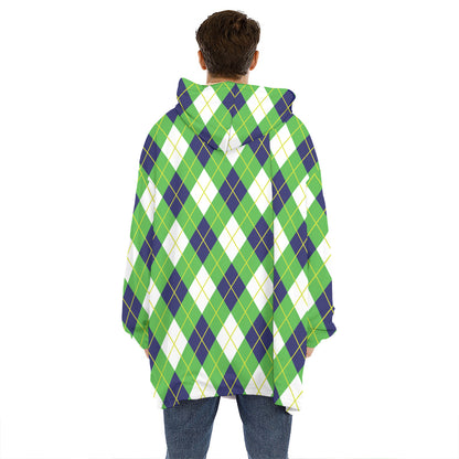 Green Navy And White Argyle Print Hoodie Blanket