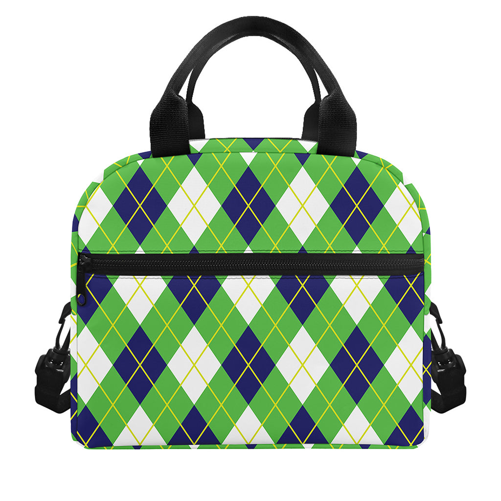 Green Navy And White Argyle Print Insulated Lunch Bag