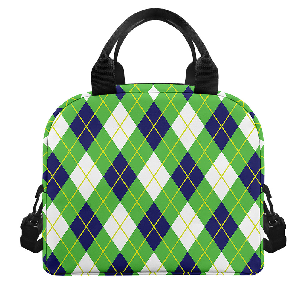 Green Navy And White Argyle Print Insulated Lunch Bag