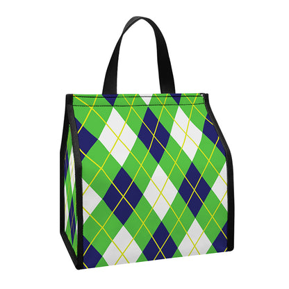 Green Navy And White Argyle Print Insulated Lunch Tote