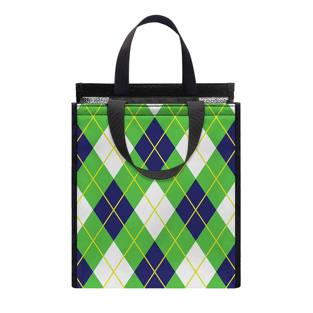 Green Navy And White Argyle Print Insulated Lunch Tote