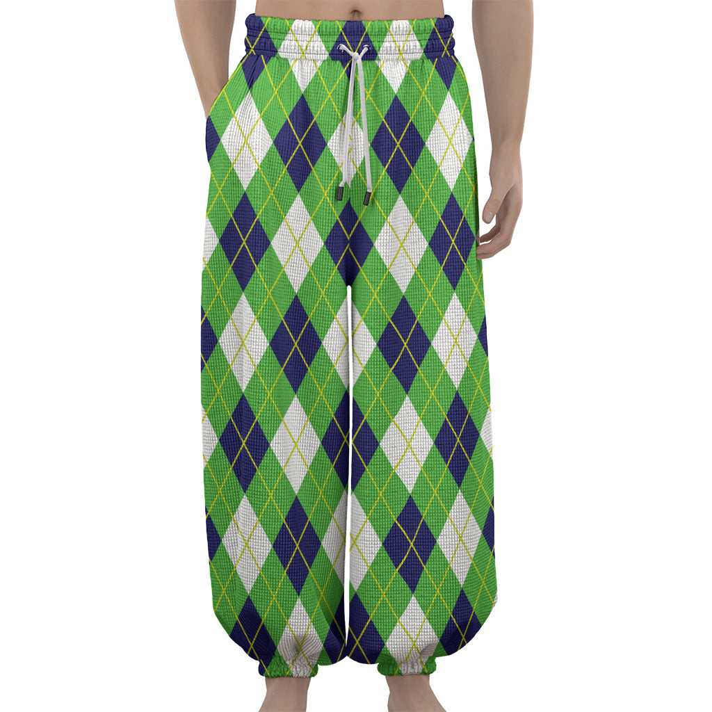 Green Navy And White Argyle Print Lantern Pants