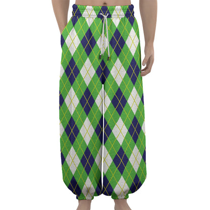 Green Navy And White Argyle Print Lantern Pants