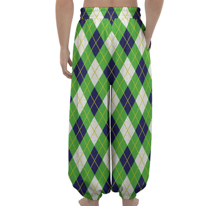 Green Navy And White Argyle Print Lantern Pants