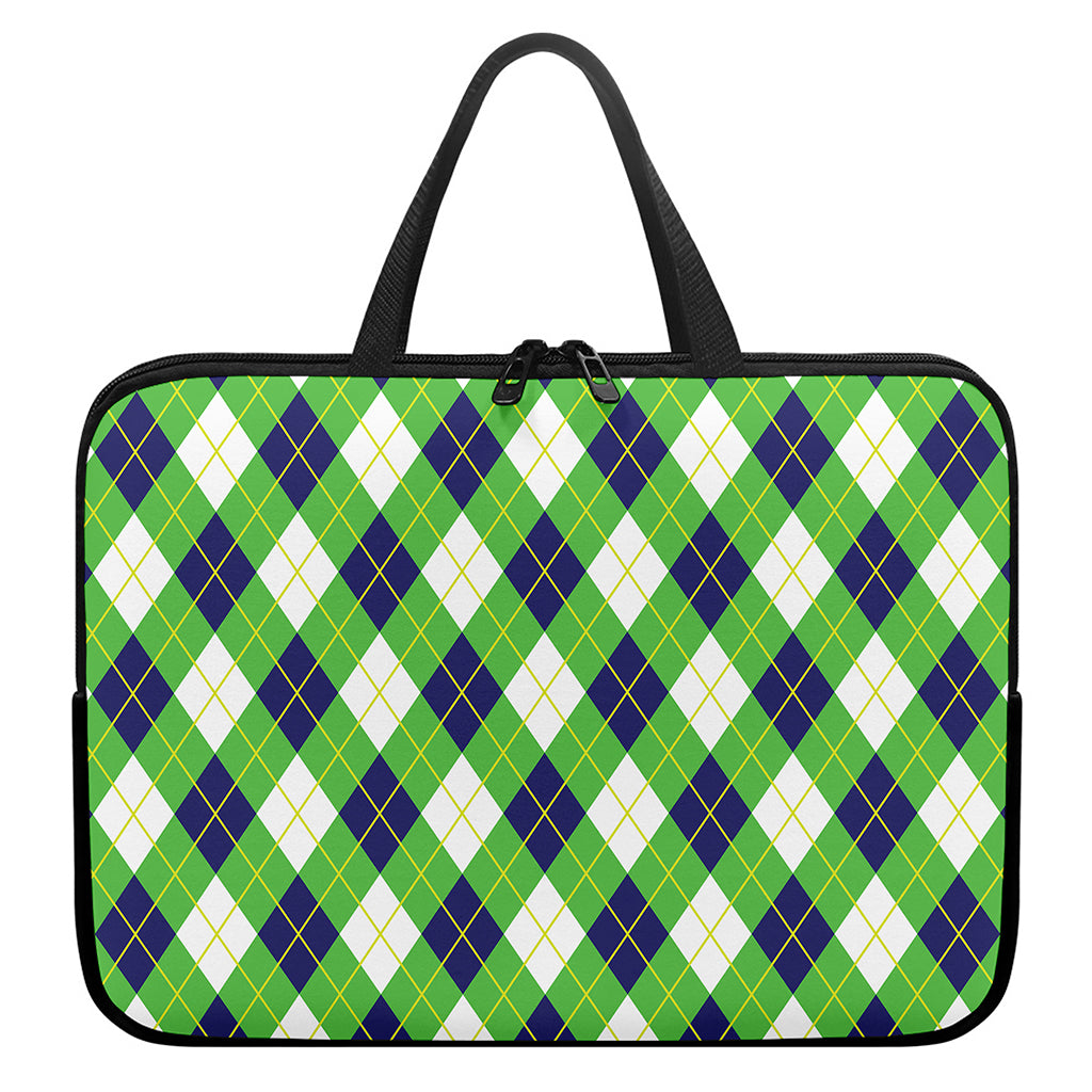 Green Navy And White Argyle Print Laptop Sleeve With Handle