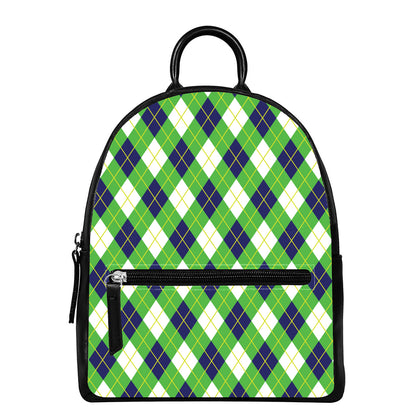 Green Navy And White Argyle Print Leather Backpack