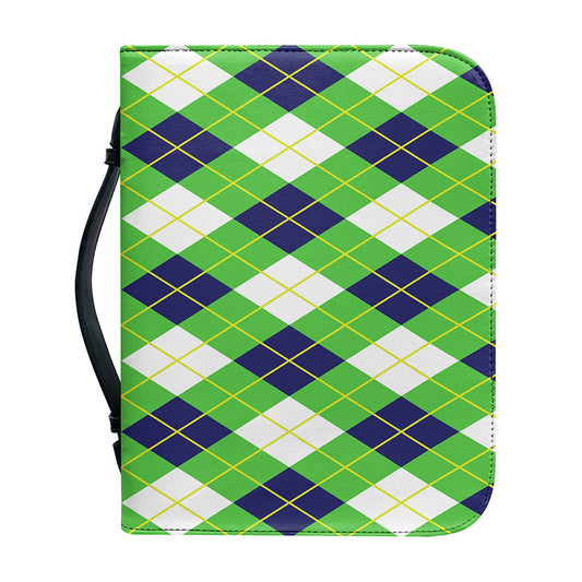 Green Navy And White Argyle Print Leather Bible Cover
