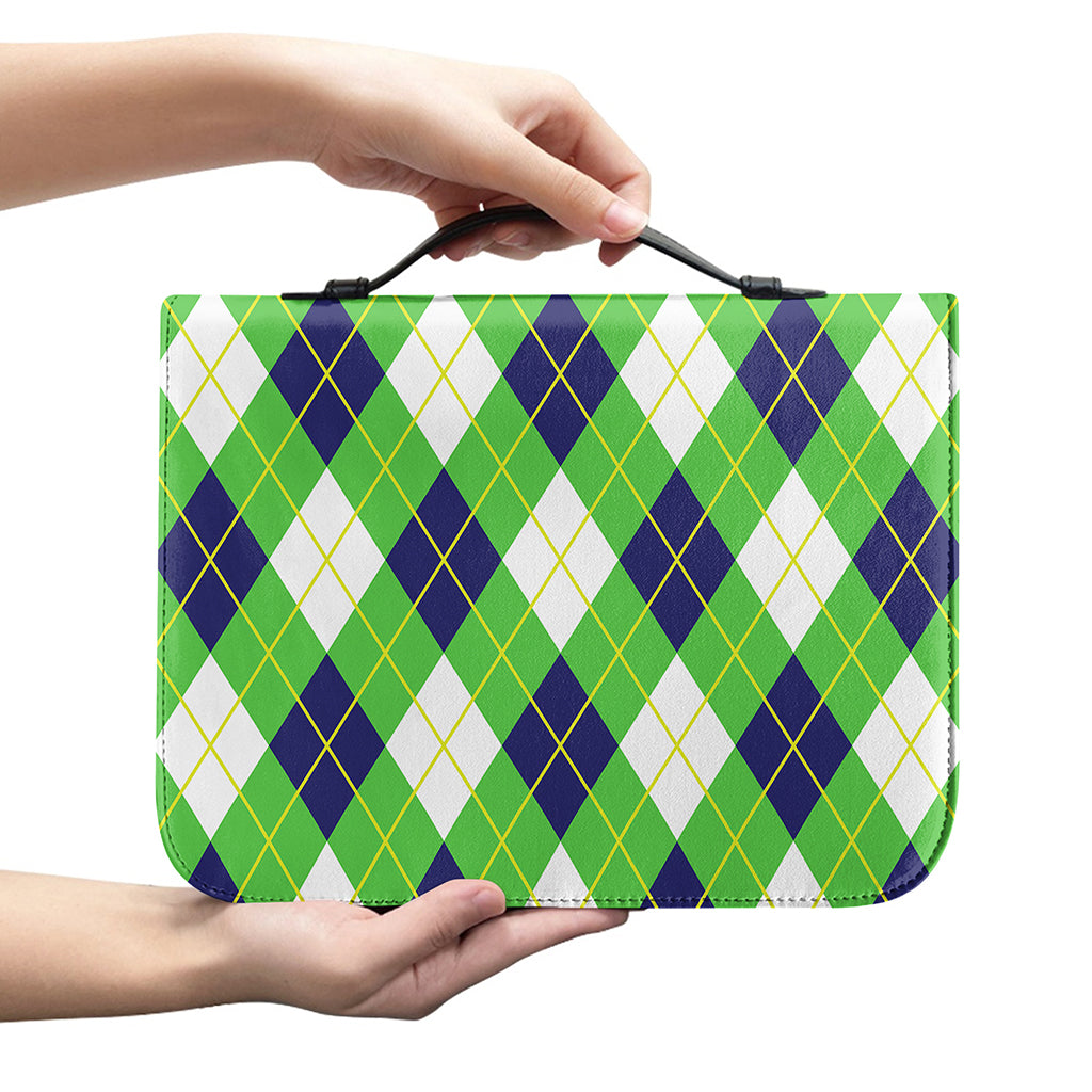 Green Navy And White Argyle Print Leather Bible Cover