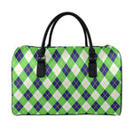 Green Navy And White Argyle Print Leather Duffle Bag