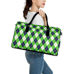Green Navy And White Argyle Print Leather Duffle Bag
