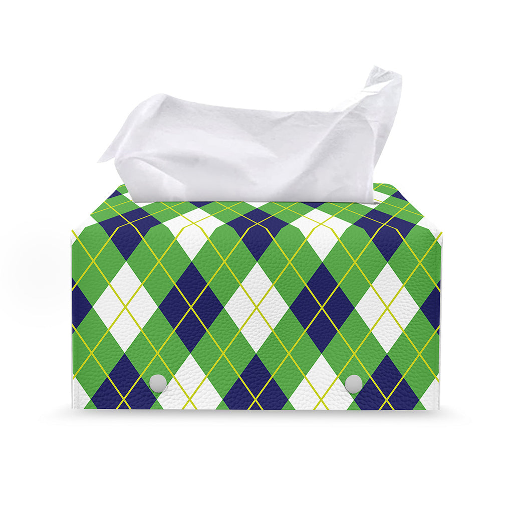 Green Navy And White Argyle Print Leather Tissue Box Cover