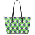 Green Navy And White Argyle Print Leather Tote Bag With Zipper