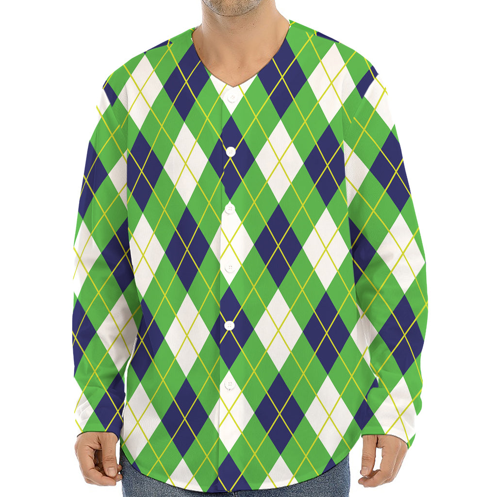 Green Navy And White Argyle Print Long Sleeve Baseball Jersey