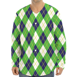 Green Navy And White Argyle Print Long Sleeve Baseball Jersey