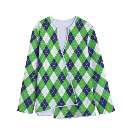 Green Navy And White Argyle Print Long Sleeve Short Coat