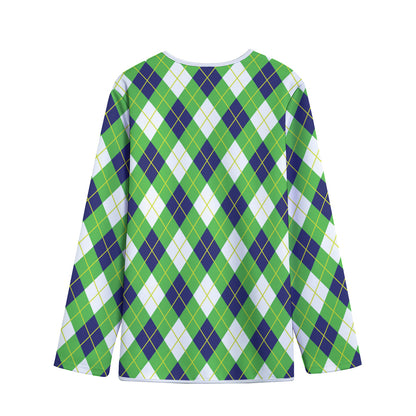 Green Navy And White Argyle Print Long Sleeve Short Coat