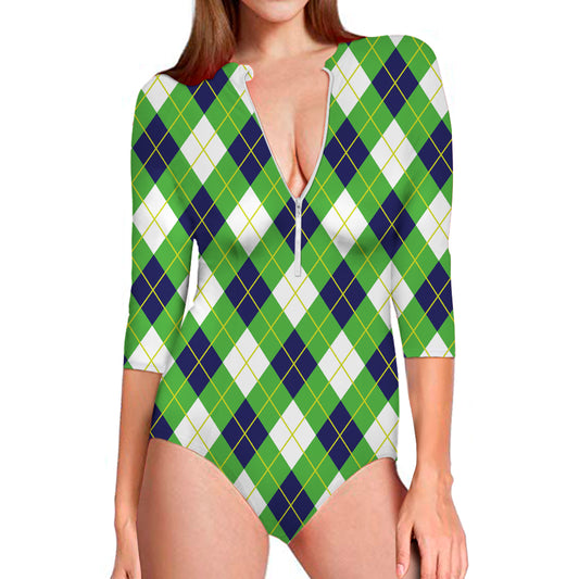 Green Navy And White Argyle Print Long Sleeve Swimsuit