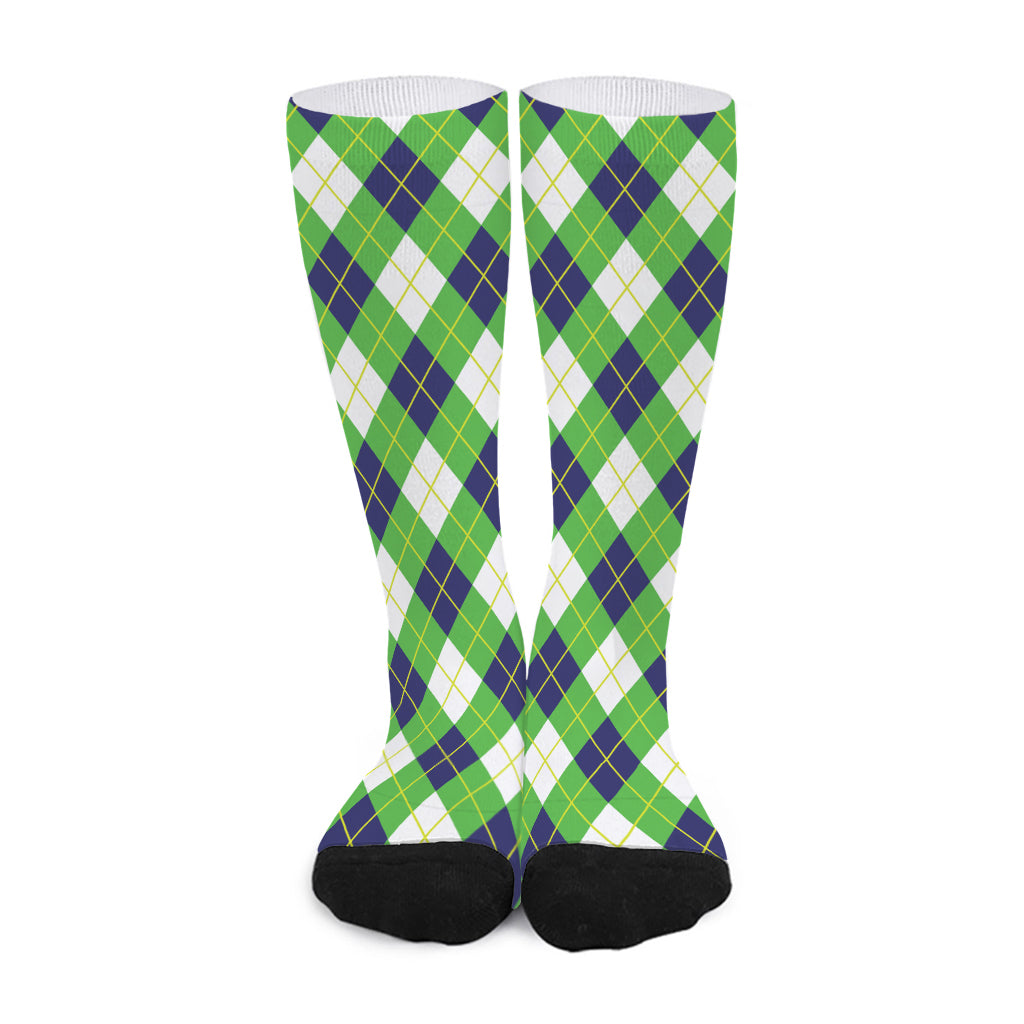 Green Navy And White Argyle Print Long Socks