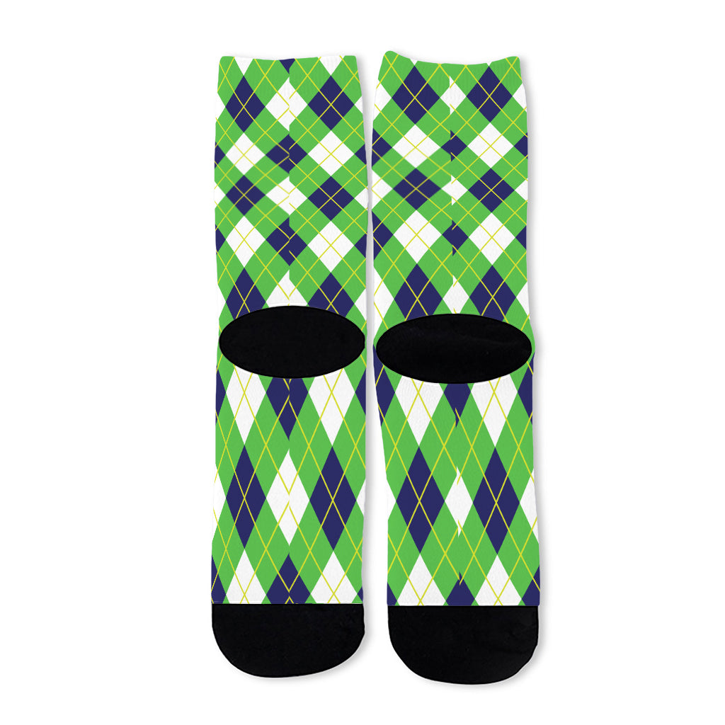 Green Navy And White Argyle Print Long Socks