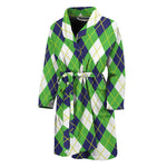 Green Navy And White Argyle Print Men's Bathrobe
