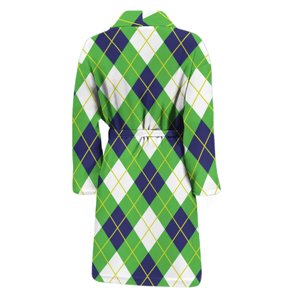 Green Navy And White Argyle Print Men's Bathrobe
