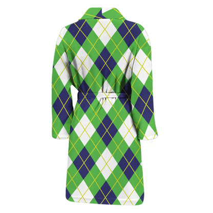 Green Navy And White Argyle Print Men's Bathrobe