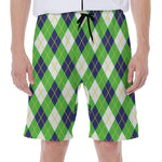 Green Navy And White Argyle Print Men's Beach Shorts