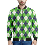 Green Navy And White Argyle Print Men's Bomber Jacket
