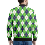 Green Navy And White Argyle Print Men's Bomber Jacket
