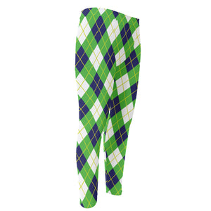 Green Navy And White Argyle Print Men's Compression Pants