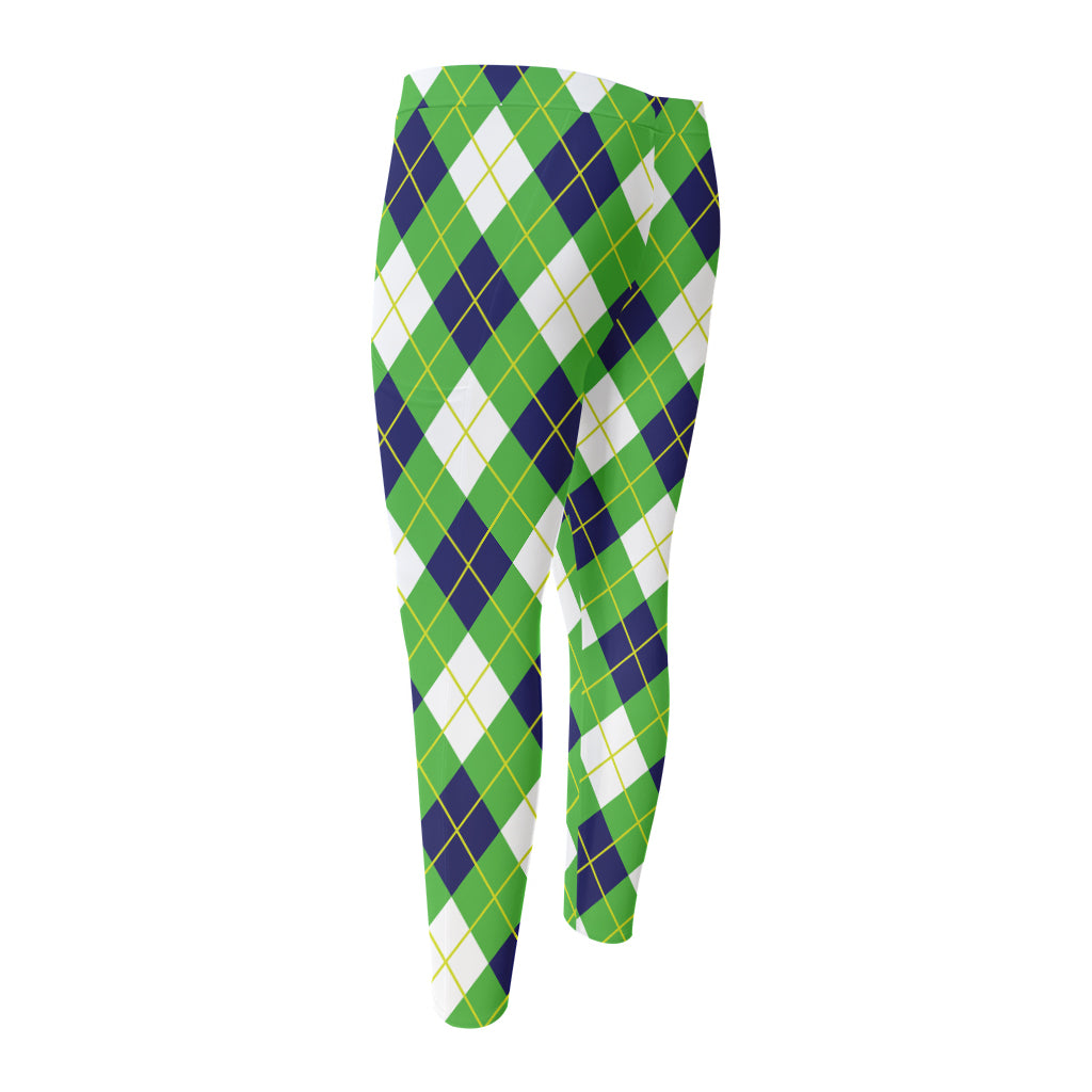 Green Navy And White Argyle Print Men's Compression Pants