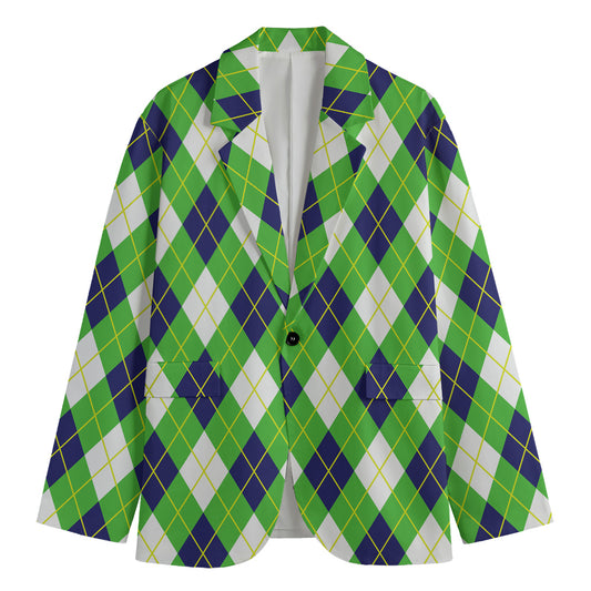 Green Navy And White Argyle Print Men's Cotton Blazer