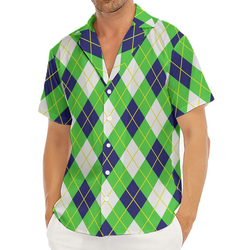 Green Navy And White Argyle Print Men's Deep V-Neck Shirt