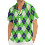 Green Navy And White Argyle Print Men's Deep V-Neck Shirt