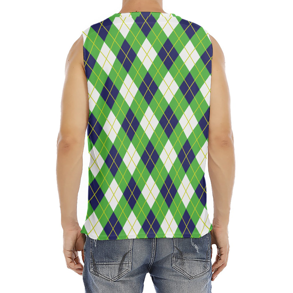 Green Navy And White Argyle Print Men's Fitness Tank Top
