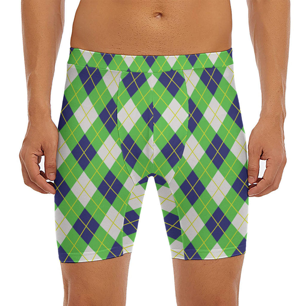 Green Navy And White Argyle Print Men's Long Boxer Briefs