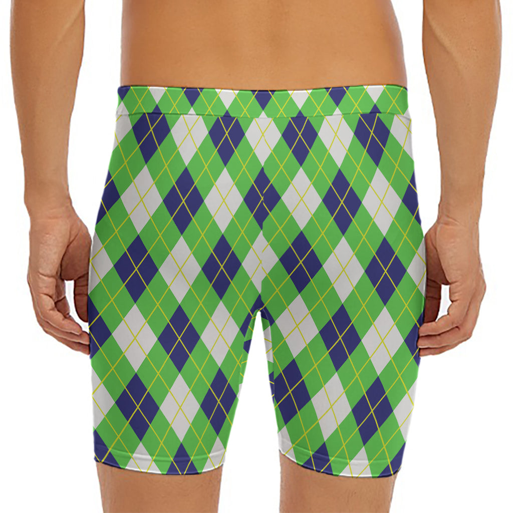 Green Navy And White Argyle Print Men's Long Boxer Briefs