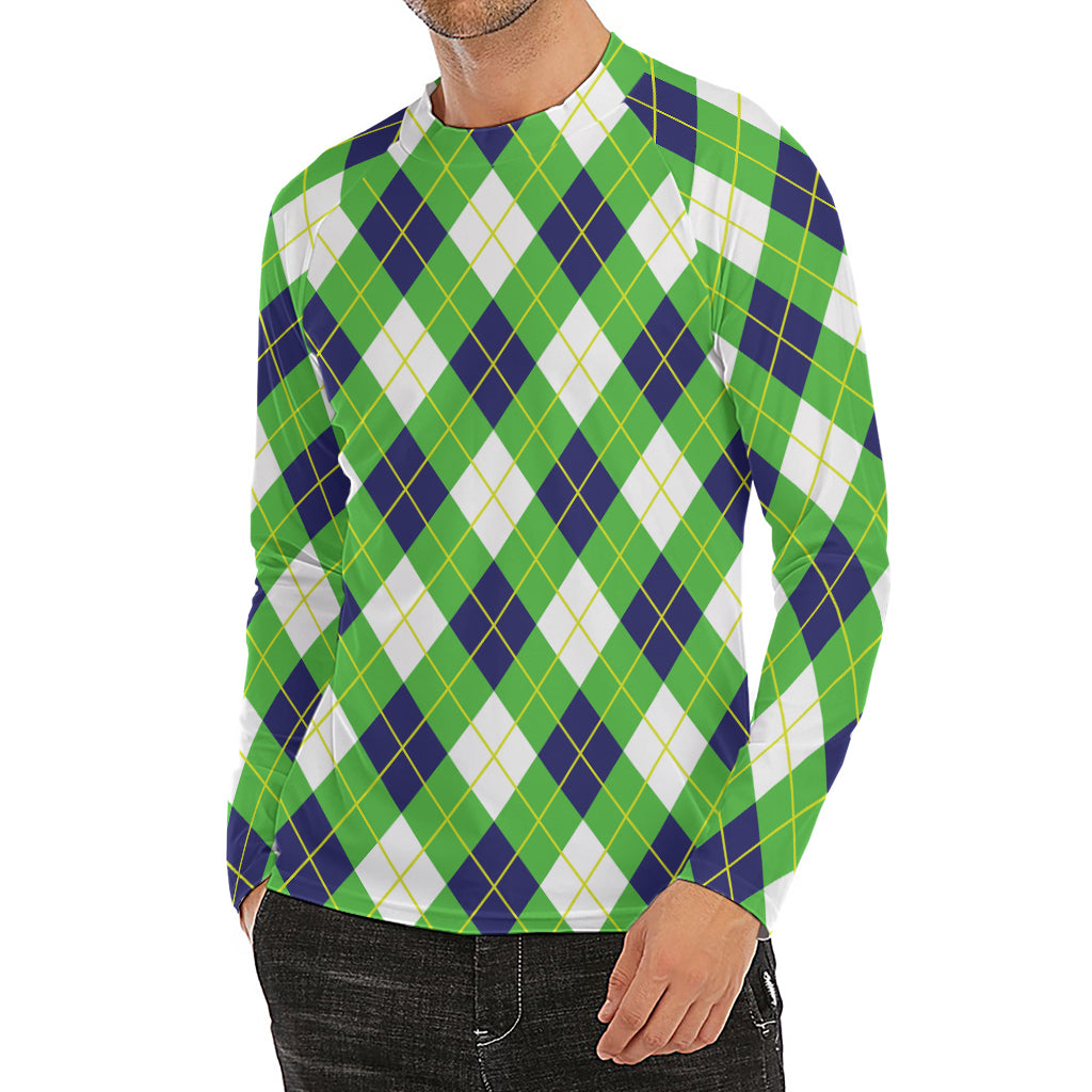 Green Navy And White Argyle Print Men's Long Sleeve Rash Guard