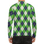 Green Navy And White Argyle Print Men's Long Sleeve Rash Guard
