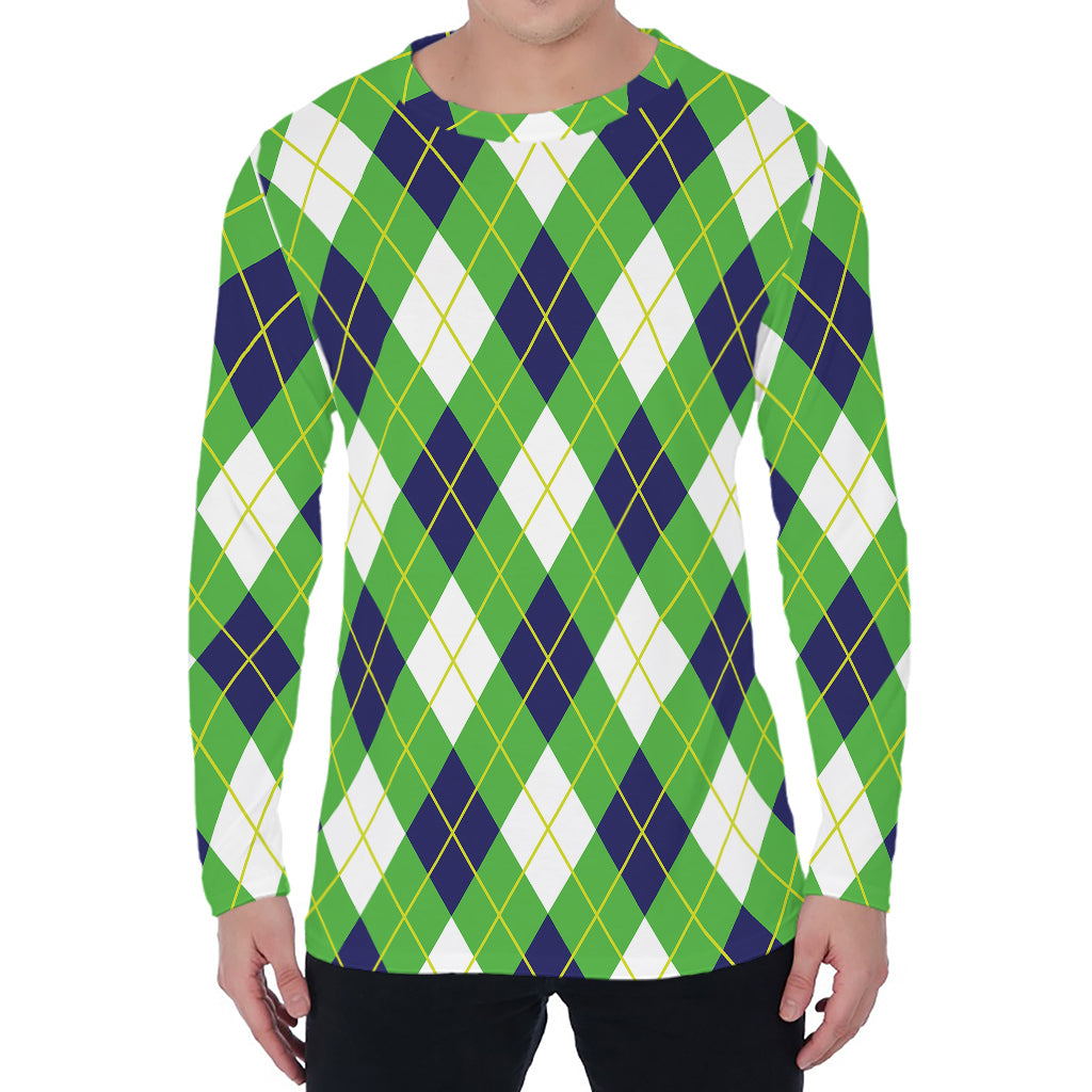 Green Navy And White Argyle Print Men's Long Sleeve T-Shirt